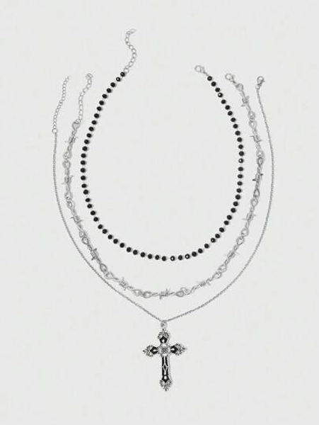 3pcs/Set Gothic Personalized Fashion Crystal Beads Thorn Cross Pendant Necklace, Punk Rock Retro Sweet Goth Cross Necklace, Dark Goth European And American Y2K Necklace Design, Choker