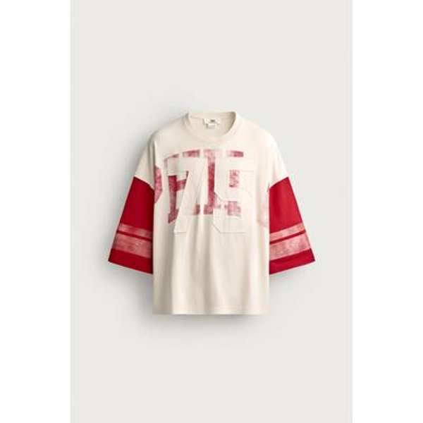 Zara - Vintage Washed Effect Patch Boxy Fit T-Shirt - Red - M - Man