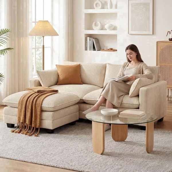 75'' Loveseat with Ottoman for Small Space, Noelse L Shaped Cloud Couches with Deep Seats, 2 Seater Love Seat Sofa with Washable Corduroy Cover for Living Room Bedroom, Beige
