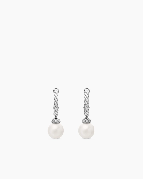Pearl and Pavé Solari Drop Earrings in Sterling Silver with Pearls and Diamonds, 18.4mm