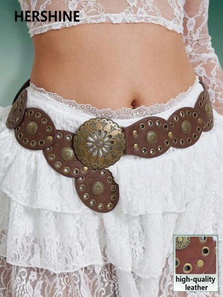 Hershine 1pc Western Cowboy Bohemian Style Country Belt, Women's Fashion Accessory, Retro Bronze Floral Hollow Buckle Oval Belt Waist Chain, Bohemian Style Belt And Dress Accessory Halloween Valentine's Day Valentines Summer, School Fall, Autumn, Halloween