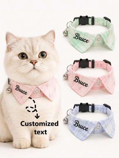 Customizable Embroidered Name Plaid Pet Collar, Macaron Tricolor Plaid Soft & Fresh, Comes With Small Bell & Safety Buckle, Adjustable Fit Without Choking, Suitable For Cats & Small Dogs, Personalized Engraving For Decoration & Anti-Loss, Exquisite & Versatile For Photos & Outfits - Size 1.0*28CM