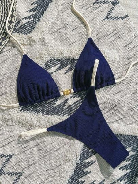 Swim Vcay 2pcs Women Casual Summer Beach Outfit Set - Textured Color Blocking Metal Shell Embellished Sexy Triangle Cup Bikini Set, Navy Blue And White Bikini