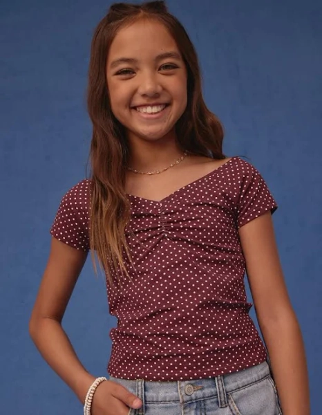 Full Tilt Off The Shoulder Girls Polka Dot Top - Burgundy Combo - Size: X-Small