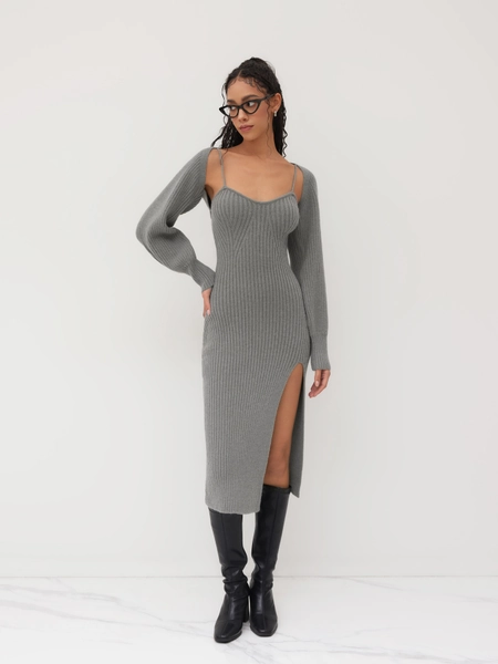 Knit Solid Cami Split Midi Dress & Shrug