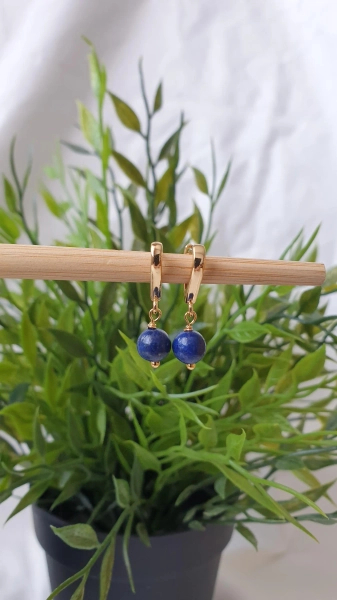 Lapis lazuli hoop earrings, navy and gold huggie hoop earrings, drop gem earrings, gold plated earrings for women