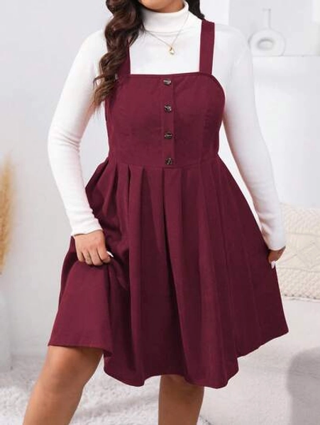 EMERY ROSE Plus Size Women Solid Color Button Design Pleated Casual Suspender Dress, Autumn