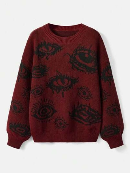 ROMWE Grunge Punk Eye Pattern Drop Shoulder Sweater,Long Sleeve Tops