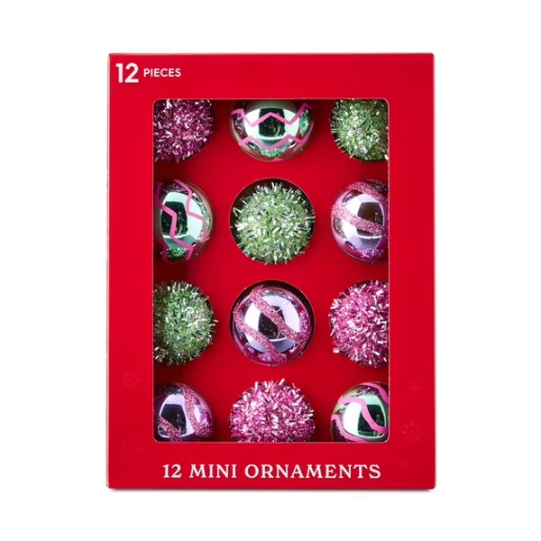 Pink and Green Mini Ball Christmas Ornaments, 12 Count, by Holiday Time