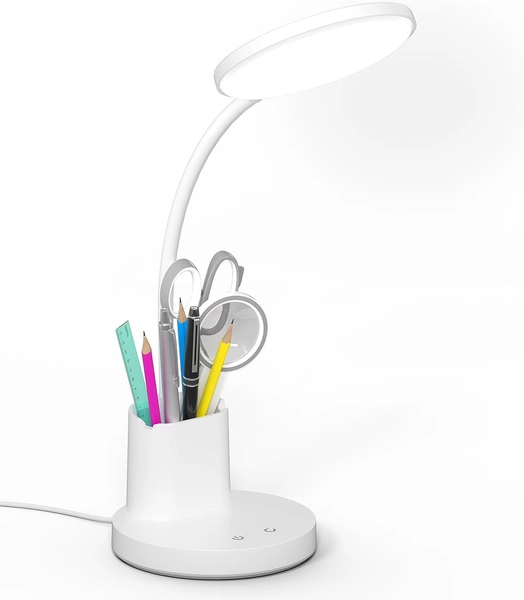 Hansang Desk Lamp for Home Office, Dimmable Table Lamp with 3 Color Modes, Reading Light with Pen and Phone Holder, White