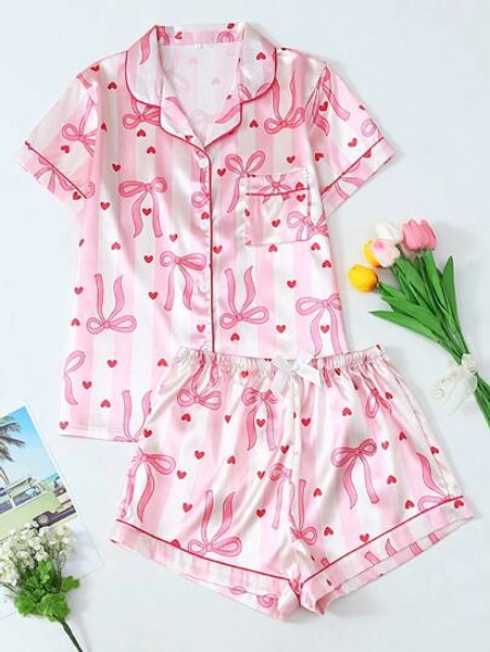 Striped Bowknot Printed Women Charmeuse Short Sleeve Shorts Pajama Set