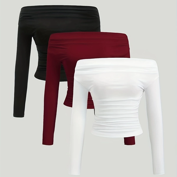 3pcs Women's Slim-Fit Long Sleeve T-Shirts - Solid Color Stretchy Machine-Washable Tops for Fall Winter, Black/Red/White, Elegant Casual & Formal Wear, Ladies T Shirts, Winter Clothing, Versatile Fashion, Sophisticated Style, Comfortable Fit, Nontransparent Fabric