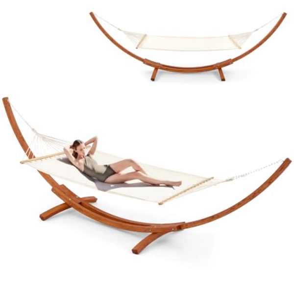 ECOTOUGE 12 FT Wooden Hammock with Stand for Single Person, Weather-Resistant, Certified Sustainable Hammock Bed for Backyard, Balcony, Porch(White)