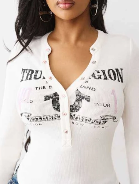 True Religion Women's Ribbed Faded Logo Henley Shirt