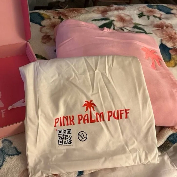 Borgward AUTHENTIC Pink Palm Puff Everything Comes In Waves” Embroidered Pink Hoodie - New Women | Color: Pink | Size: XL