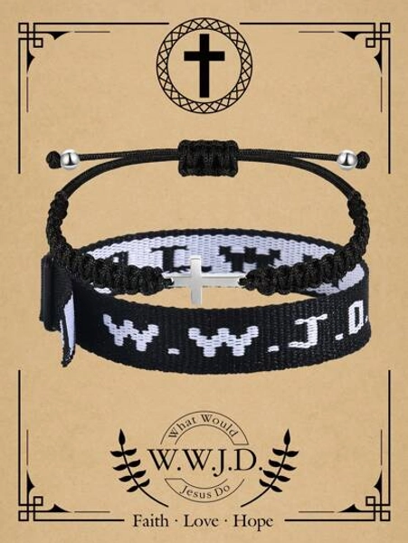2pcs Wwjd Letter Jacquard Knit Wristband Bracelet & Cross Decor Braided Hand Rope Bracelet Unisex Sports Wristband