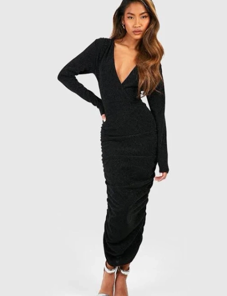 Boohoo Women's Glitter Rouched Wrap Midaxi Dress