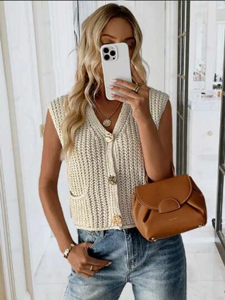 Calvaya New V-Neck Ribbed Knitted Cardigan Sweater Vest, Fashionable And Elegant Women Clothing