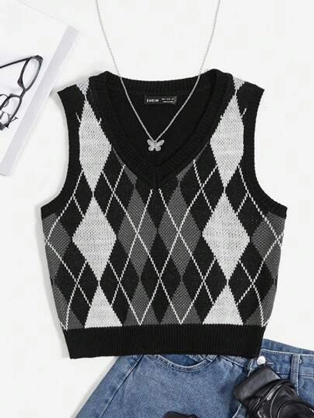 SHEIN EZwear Argyle Pattern Sweater Vest Without Tee In Fall/Winter