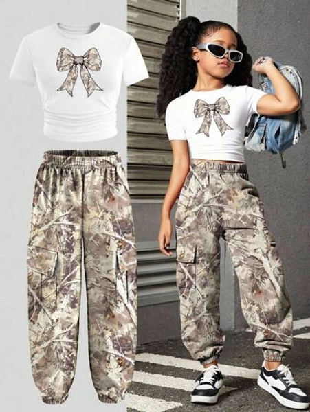 SHEIN 2pcs/Set Camo Bow Print Casual Fashion Set, Girls Teens Short Sleeve Top And Drawstring Long Pants Outfit