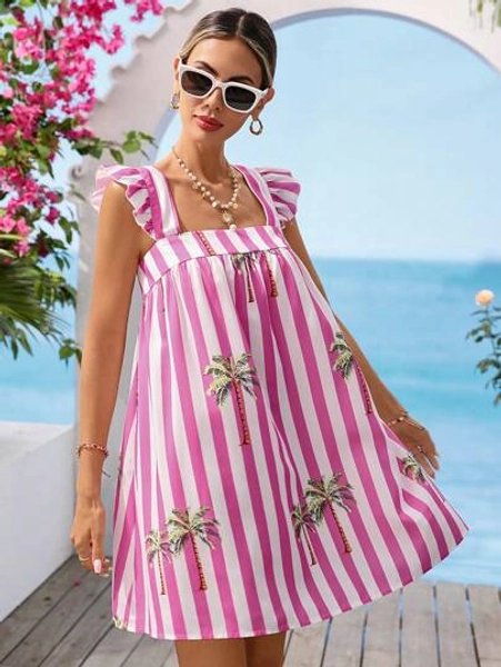 Vivid Eden Women's Summer Beach Vacation Tropical Coconut Tree & Stripe Print Square Neck Ruffle Armhole Short Dress,Summer Outfits For Women, Beach Vacation Outfits, Women Summer Clothing,Sundresses For Women, Women Short Dresses Summer,Dresses For Women Summer