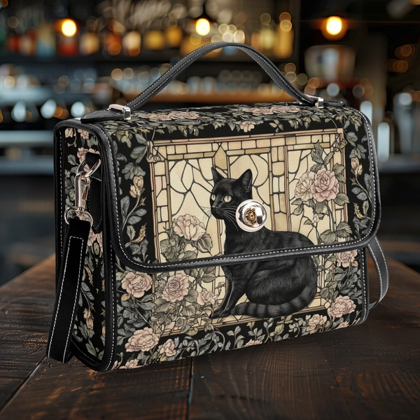 Vintage Black Cat Purse, Witchy Canvas Satchel bag, Cottagecore Wallet for Women, Hand Bag, Boho Bag,  Gift for Cat Mom