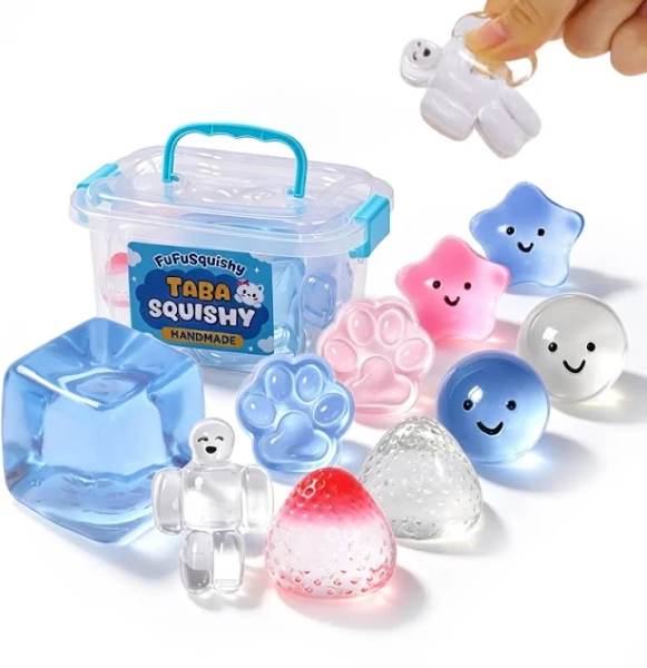 FUFUSQUISHY 10 Pack Crystal Mix Taba Squishy Toys Kit with Toy Set Box & Cute Stickers, Handmade Kawaii Taba Squishies, Stress Relief Sensory Fidget