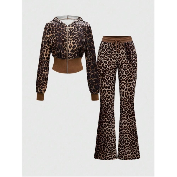 Leopard Print Velvet Hooded Cropped Jacket + Flared Pants Set for Women | Unique Leopard Print Element, Suitable for Party Gatherings and Trendy Social Occasions