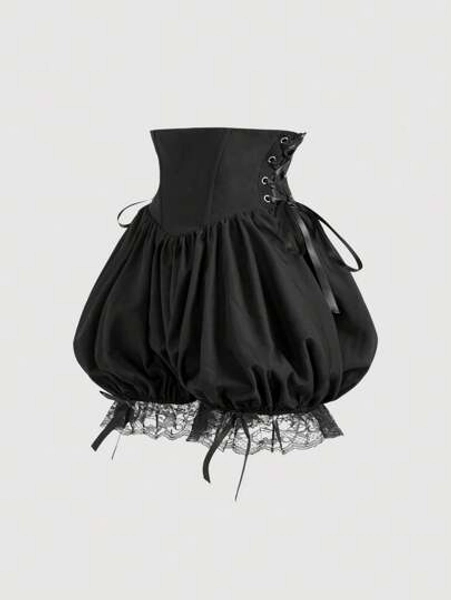 SHEIN MOD Women's Black Summer 70s Goth Party Ruffle Trim Shorts,Luxurious Bow Accent,Waistband Patchwork,Cross Tie,Y2k Festival Rave Cruise Attire - Size L