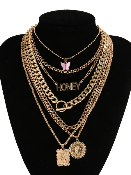 7-Piece Gold Layered Y2K Necklace Set with 'HONEY' Letter, Butterfly & Coin Charms | Edgy Chic Accessory Fashion Matching Necklace for Daily, Party & Music Festival Looks Layered Necklaces