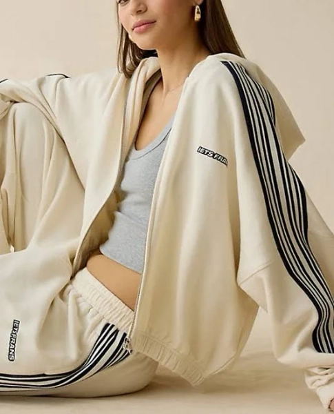 iets frans... Harri Piped Bubble Hem Zip-Up Hoodie Sweatshirt in White Cotton, Women's M at Urban Outfitters