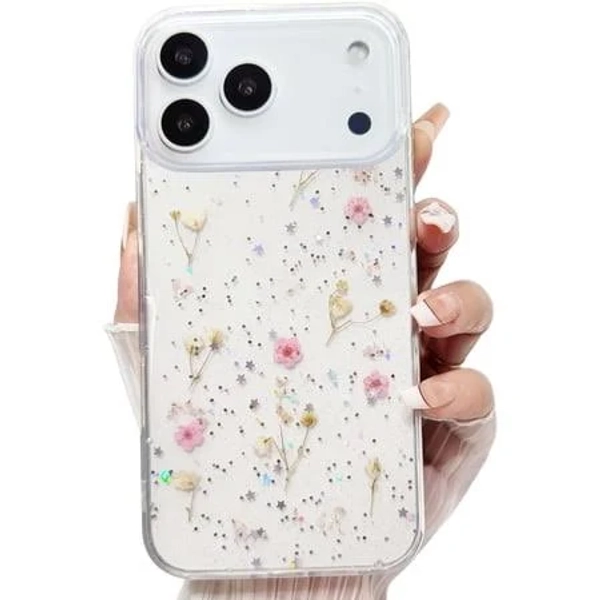 For iPhone 17 Pro Max Floral Case with Pressed Real Flowers, Cute Glitter Clear Dried Pressed Flowers Design Women Girly Soft TPU Transparent