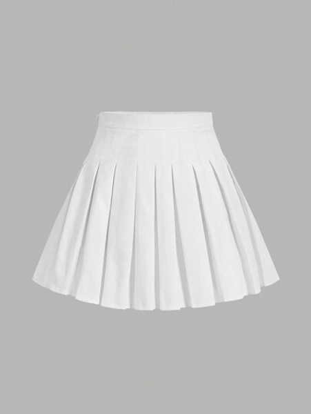 SHEIN X ELOISA & ORSON SHEIN MOD Solid Color Side Zipper Casual Pleated Skirt