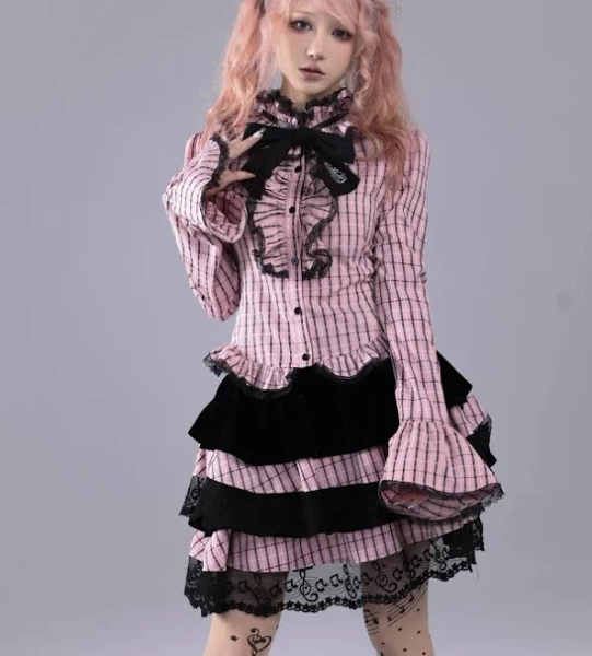 Hime Gyaru Ruffled Collar Plaid Blouse with Embroidered Bow Tie