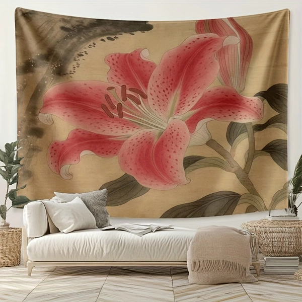 1pc Lily Plant Tapestry Wall Decor - Vibrant Pink Lily Flower Design, Soft Peach Light Fabric, No Electricity Needed, Easy to Hang with Adhesive Strips, Perfect For Living Room, Bedroom, Or Office Decoration, Bedroom Wall Art | Floral Wall Art | Eas