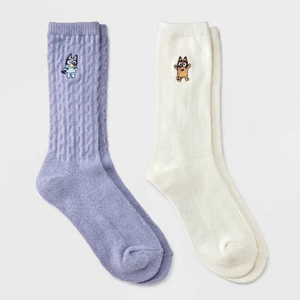 Women's Bluey Super Soft Embroidered 2pk Crew Socks - Purple/Ivory 4-10