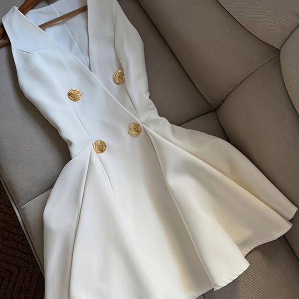 A Stylish And Elegant White Double-Breasted Cross-Back Vest Dress, Perfect for Dates And Vacations