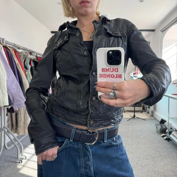 Vintage real leather button up jacket in black with...