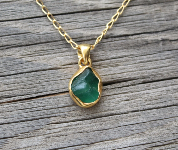 Raw Emerald Necklace: Handmade 18K Gold May Birthstone Pendant
