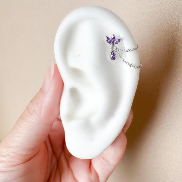 Dainty Double Chain Marquise and Pear Amethyst CZ Helix Piercing, cartilage piercing, helix chain piercing, earring hoops, body piercing