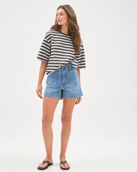 Petites Australian Cotton 3/4 Wide Sleeve Boxy T-Shirt - Black Coffee/Blue Mist Stripe