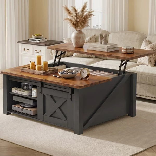 EDX Modern Lift Top Coffee Table with Hidden Storage & Adjustable Shelves, Square Farmhouse Center Table for Living Room, Black