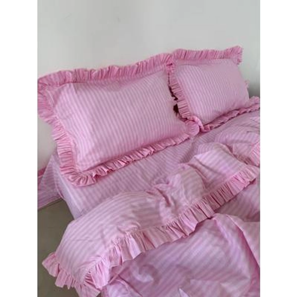 Baby Pink Striped Ruffle Bedding Set: Printed Duvet Cover, Pillowcases, and Flat or Fitted Sheet-Cotton Cottage Core Bed Linen-Custom Size