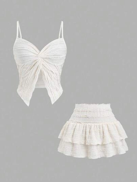 Sweetra French Sweet Ruffled Camisole Twist Knot Top With Double Ruffle Hem A-Line Mini Skirt 2 Pieces Set For Women, Spring/Summer
