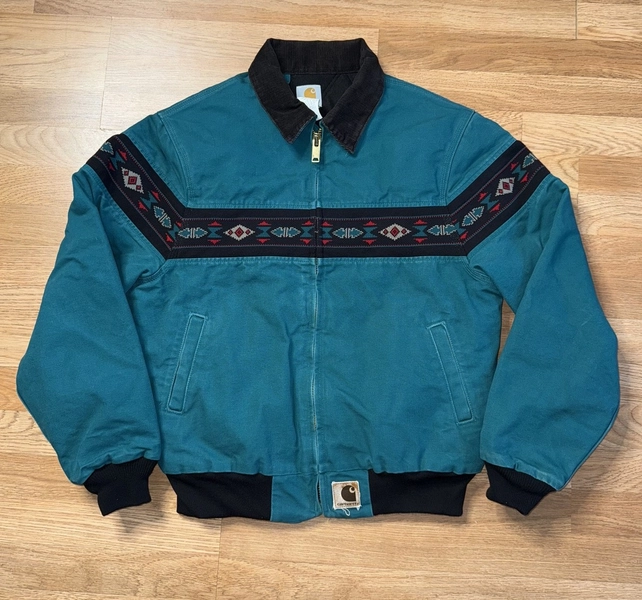 Carhartt Jacket Mens L Teal Aztec Vintage 90s Lined Trucker Coat USA J77AQU