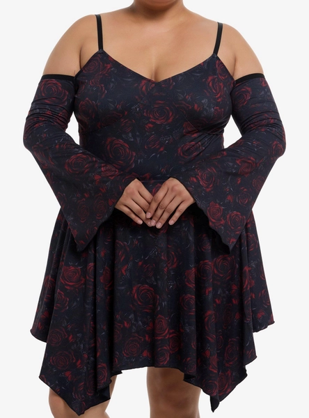 Cosmic Aura Red Rose Cold Shoulder Bell Sleeve Dress Plus Size