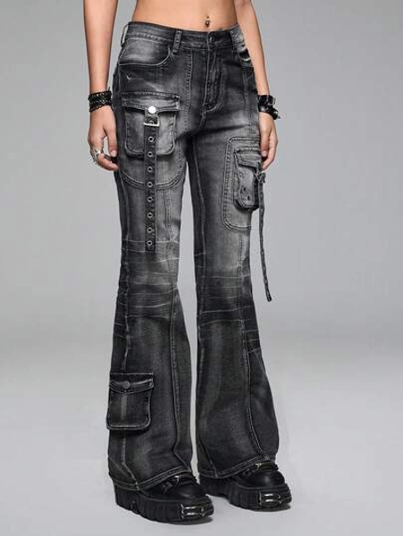 ROMWE Grunge Punk Spring/Summer Black Distressed Punk Metal Rivet Super Low Waist Flare Jeans - Size XXS