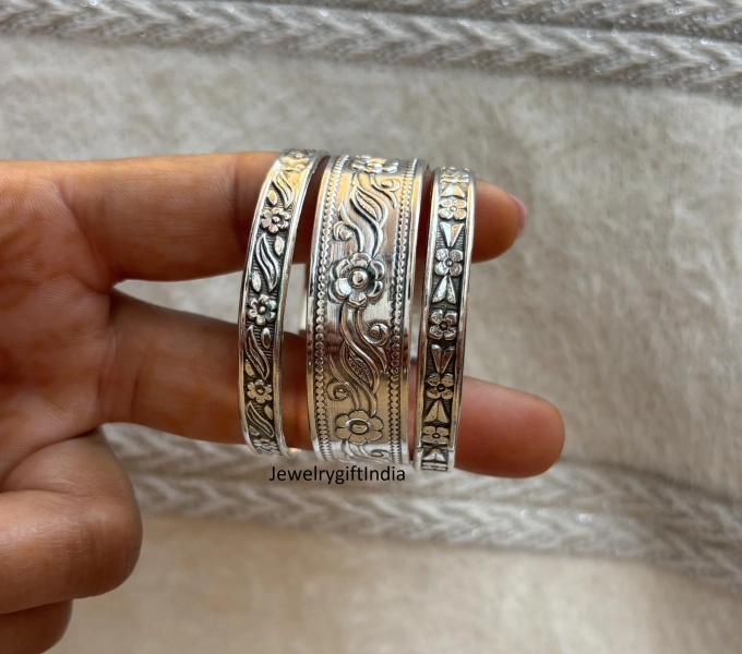 Sterling Silver Bangle Set: Western Indian Boho Stacking Bangles