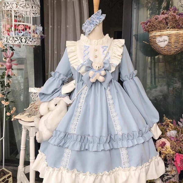 Lady Girls Japanese Lolita Dress Cosplay Costume Kawaii Ruffle Puff Sleeve Retro