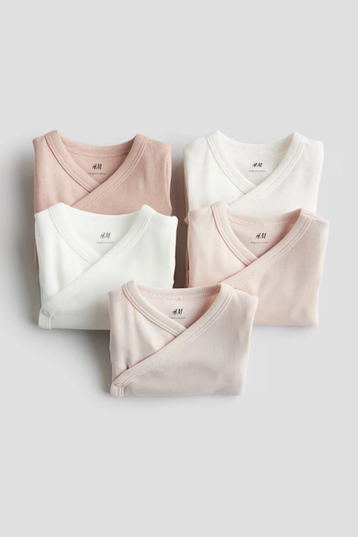 5-pack wrapover bodysuits - Dusty pink/White